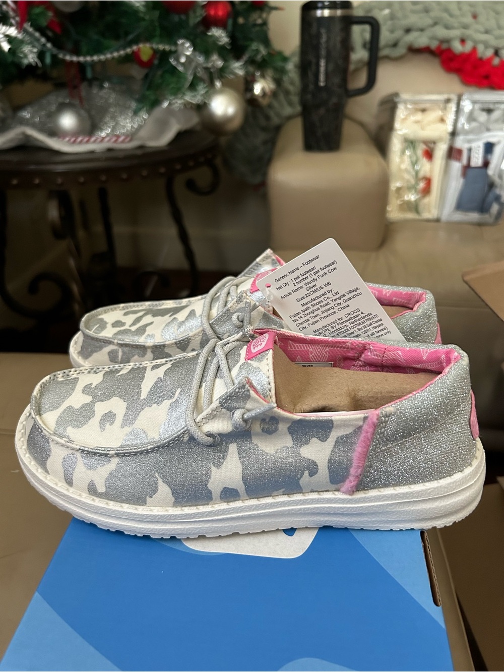 Hey Dude Women's Silver Camo Slip-On Loafers with Pink Trim